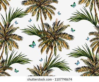 Beautiful seamless vector floral summer pattern with palm trees, banana palm tree, coconut palm tree. butterflies. Perfect for wallpapers, web page backgrounds, surface textures, textile.
