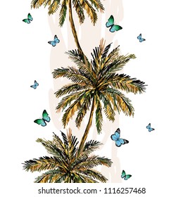 Beautiful seamless vector floral summer pattern with palm trees, banana palm tree, coconut palm tree. butterflies. Perfect for wallpapers, web page backgrounds, surface textures, textile.