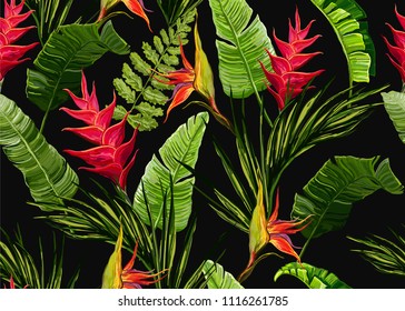 Beautiful seamless vector floral summer pattern background with tropical palm leaves, bird of paradise, heliconia. Perfect for wallpapers, web page backgrounds, surface textures, textile.