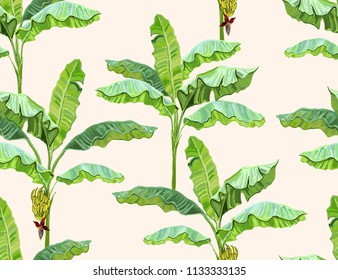 Beautiful seamless vector floral summer pattern with banana palms, leaves and bananas. Perfect for wallpapers, web page backgrounds, surface textures, textile.
