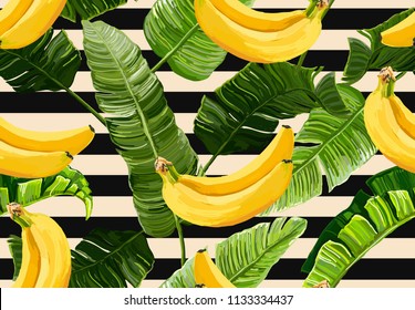 Beautiful seamless vector floral summer pattern with banana leaves and bananas, stripes. Perfect for wallpapers, web page backgrounds, surface textures, textile.