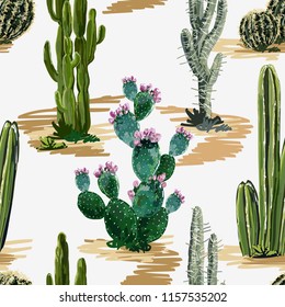 Beautiful seamless vector floral summer tropical pattern background with cactuses, succulents. Perfect for wallpapers, web page backgrounds, surface textures, textile. Isolated on white background.