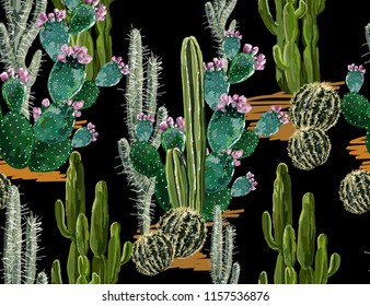 Beautiful seamless vector floral summer tropical pattern background with cactuses, succulents. Perfect for wallpapers, web page backgrounds, surface textures, textile. Isolated on black  background.