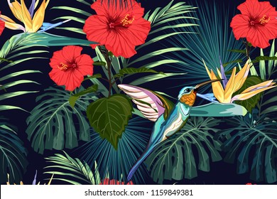 Beautiful seamless vector floral summer pattern background with hummingbird, exotic flowers and palm leaves. Perfect for wallpapers, web page backgrounds, surface textures, textile. 