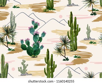 Beautiful seamless vector floral summer tropical pattern background with cactuses, succulents. Perfect for wallpapers, web page backgrounds, surface textures, textile. Isolated on white background.