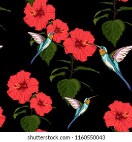 Beautiful seamless vector floral summer pattern background with hummingbird and red hibiscus flowers. Perfect for wallpapers, web page backgrounds, surface textures, textile. Black background.