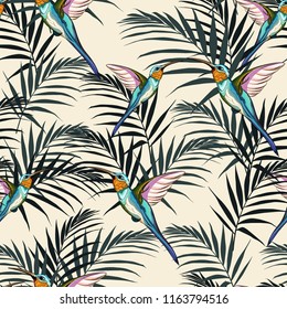 Beautiful seamless vector floral summer pattern background with hummingbird and palm leaves. Perfect for wallpapers, web page backgrounds, surface textures, textile.