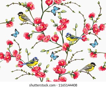 Beautiful seamless vector floral summer pattern background with tropical japanese flowers, sakura, magnolia, butterflies, birds. Perfect for wallpapers, web page backgrounds, surface textures, textile