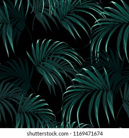 Beautiful seamless vector floral summer pattern background with tropical palm leaves. Perfect for wallpapers, web page backgrounds, surface textures, textile. Black background.
