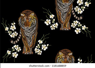 Beautiful seamless vector floral summer pattern background with tiger, tropical japanese flowers,  sakura cherry flowers. Perfect for wallpapers, web page backgrounds, surface textures