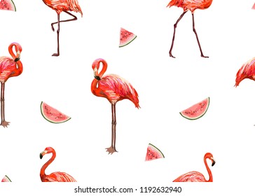 Beautiful seamless vector floral summer pattern background with tropical  flamingo,watermelon slices.Perfect for wallpapers, web page backgrounds,surface textures,textile. Isolated on white background