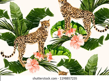 Beautiful seamless vector floral summer pattern background with tropical palm banana leaves, leopard, flowers. Perfect for wallpapers, web page backgrounds, surface textures, textile.