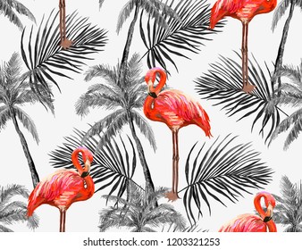 Beautiful seamless vector floral summer pattern background with palms, tropical leaves, flamingo. Perfect for wallpapers, web page backgrounds, surface textures, textile. Isolated on white background