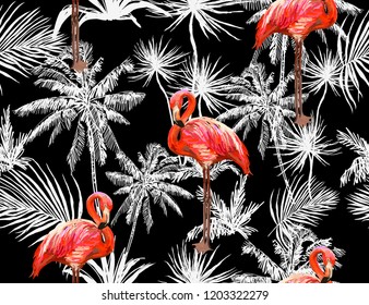 Beautiful seamless vector floral summer pattern background with palms, tropical leaves, flamingo. Perfect for wallpapers, web page backgrounds, surface textures, textile. Isolated on black  background