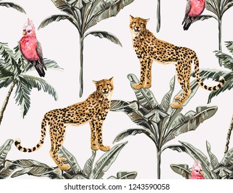 Beautiful seamless vector floral summer pattern background with tropical palm banana leaves, leopard, exotic bird. Perfect for wallpapers, web page backgrounds, surface textures, textile.