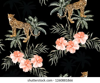 Beautiful seamless vector floral summer pattern background with palms, leopard, coral hibiscus flowers. Perfect for wallpapers, web page backgrounds, surface textures, textile.