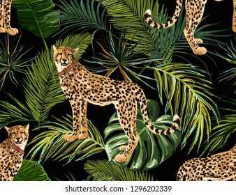 Beautiful seamless vector floral summer pattern background with tropical palm leaves, leopard. Perfect for wallpapers, web page backgrounds, surface textures, textile.