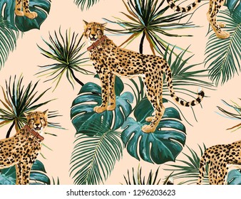 Beautiful seamless vector floral summer pattern background with tropical palm leaves and leopard. Perfect for wallpapers, web page backgrounds, surface textures, textile.