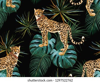 Beautiful seamless vector floral summer pattern background with tropical palm leaves and leopard. Perfect for wallpapers, web page backgrounds, surface textures, textile.