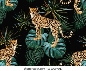 Beautiful seamless vector floral summer pattern background with tropical palm leaves, leopard. Perfect for wallpapers, web page backgrounds, surface textures, textile.