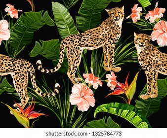 Beautiful seamless vector floral summer pattern background with tropical palm leaves, leopard, hibiscus, tropical flowers. Perfect for wallpapers, web page backgrounds, surface textures, textile.
