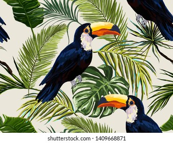 Beautiful seamless vector floral summer pattern background with tropical palm leaves, toucan. Perfect for wallpapers, web page backgrounds, surface textures, textile.