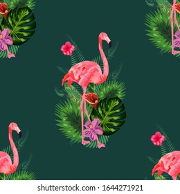 Beautiful seamless vector floral summer pattern background with tropical palm leaves, flamingo, hibiscus