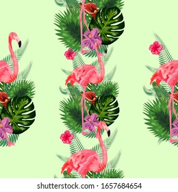 Beautiful seamless vector floral summer pattern background with tropical palm leaves, flamingo, hibiscus