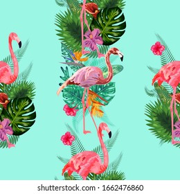 Beautiful seamless vector floral summer pattern background with tropical palm leaves, flamingo, hibiscus