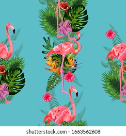 Beautiful seamless vector floral summer pattern background with tropical palm leaves, flamingo, hibiscus