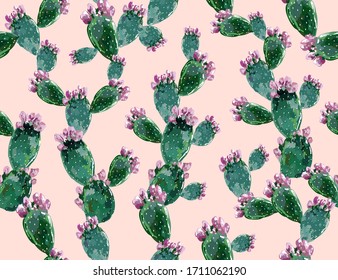 Beautiful seamless vector floral summer tropical pattern background with cactuses, succulents. Perfect for wallpapers, web page backgrounds, surface textures, textile. Isolated on pink background.