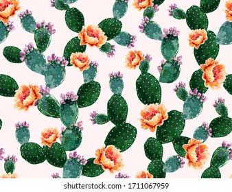 Beautiful seamless vector floral summer tropical pattern background with cactuses, succulents. Perfect for wallpapers, web page backgrounds, surface textures, textile. Isolated on white background.