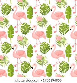 Beautiful seamless vector floral summer pattern background with tropical palm leaves, flamingo, hibiscus. Perfect for wallpapers, web page backgrounds, surface textures, textile. Vector illustration
