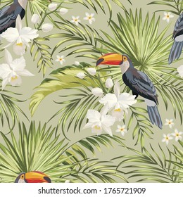 Belle image vectorielle harmonieuse motif floral d'été avec feuilles de palmiers tropicaux, perroquet, fleurs exotiques. Arrière-plan exotique pour le design, fond d'écran, couverture, impression.
