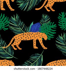 Beautiful seamless vector floral summer pattern background with tropical palm leaves, leopard. Perfect for wallpapers, web page backgrounds, surface textures, textile.