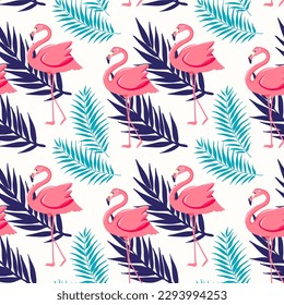 Beautiful seamless vector floral summer pattern background with tropical palm leaves and pink flamingo. Perfect for wallpapers, web page backgrounds, surface textures, textile.