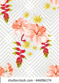 Beautiful seamless vector floral summer pattern background with tropical flowers, plumeria, hibiscus, stripes. Perfect for wallpapers, web page backgrounds, surface textures, textile.