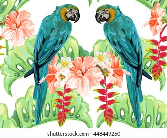 Beautiful seamless vector floral summer pattern background with parrots, tropical flowers, palm leaves, plumeria, hibiscus. Perfect for wallpapers, web page backgrounds, surface textures, textile.