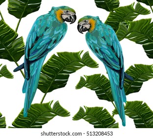 Beautiful seamless vector floral summer pattern background with parrots, palm leaves. Perfect for wallpapers, web page backgrounds, surface textures, textile.