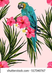 Beautiful seamless vector floral summer pattern background with parrot, palm leaves, hibiscus, plumeria. Perfect for wallpapers, web page backgrounds, surface textures, textile.