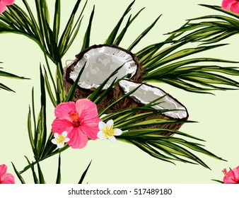 Beautiful seamless vector floral summer pattern background with coconut, palm leaves, hibiscus. Perfect for wallpapers, web page backgrounds, surface textures, textile.