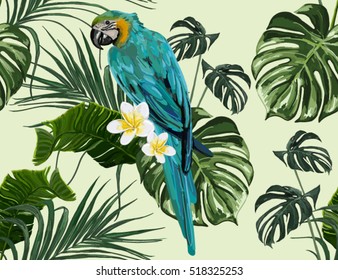 Beautiful seamless vector floral summer pattern background with parrot, palm leaves, plumeria. Perfect for wallpapers, web page backgrounds, surface textures, textile.