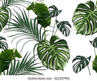 Beautiful seamless vector floral summer pattern background with tropical palm  leaves. Perfect for wallpapers, web page backgrounds, surface textures, textile.