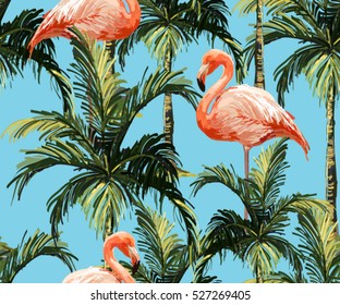 Beautiful seamless vector floral summer pattern background with palm trees and pink flamingo.  Perfect for wallpapers, web page backgrounds, surface textures, textile.