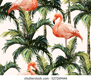 Beautiful seamless vector floral summer pattern background with palm trees and pink flamingo. Perfect for wallpapers, web page backgrounds, surface textures, textile.