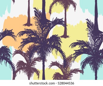 Fundo de verão floral de vetor bonito sem costura com palmeiras. Textura geométrica abstrata, listras. Perfeito para papéis de parede, fundos de páginas da web, texturas de superfície, têxteis.
