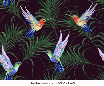 Beautiful seamless vector floral summer pattern background with hummingbird, palm leaves. Perfect for wallpapers, web page backgrounds, surface textures, textile.