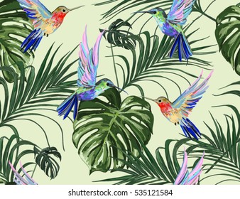 Beautiful seamless vector floral summer pattern background with hummingbird, palm leaves, hibiscus. Perfect for wallpapers, web page backgrounds, surface textures, textile.