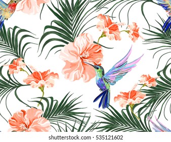 Beautiful seamless vector floral summer pattern background with hummingbird, palm leaves, hibiscus. Perfect for wallpapers, web page backgrounds, surface textures, textile.