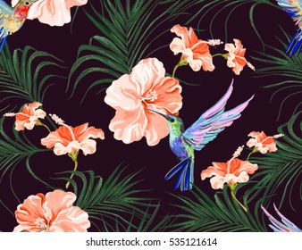 Beautiful seamless vector floral summer pattern background with hummingbird, palm leaves, hibiscus. Perfect for wallpapers, web page backgrounds, surface textures, textile.